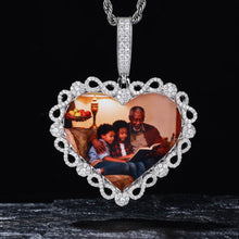 Load image into Gallery viewer, Front view of the 14k yellow gold photo pendant heart necklace showing detailed 5A zircon stone settings.