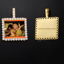 Load image into Gallery viewer, Front iced-out view and back custom engraved view of the 14k yellow gold square memory pendant
