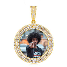 Load image into Gallery viewer, Close-up of the yellow gold GetEngravings 3-row custom picture pendant, highlighting the three rows of AAA+ zircon stones.