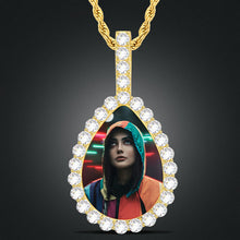 Load image into Gallery viewer, 14k yellow gold custom teardrop photo pendant with a sparkling iced-out border and a personalized photo.