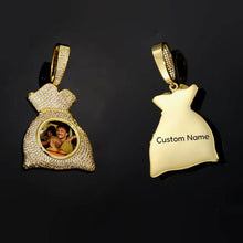 Load image into Gallery viewer, Front iced-out view with a custom photo and back view showing personalized name engraving space on the yellow gold money bag picture pendant