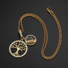 Load image into Gallery viewer, 4k yellow gold tree of life custom photo pendant attached to a matching rope chain, displaying a custom family picture.