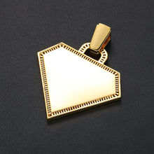 Load image into Gallery viewer, The blank back side of the 14k yellow gold triangle photo pendant necklace, perfect for custom name or message engraving.