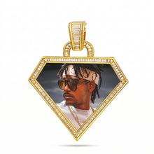 Load image into Gallery viewer, Front view of the 14k yellow gold plated triangle photo memory pendant featuring a custom picture of a man.