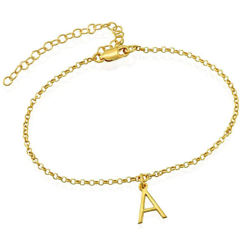14k Gold Plated Ankle Bracelet with Initial Letter with gold color