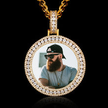 Load image into Gallery viewer, Gold 3D photo pendant necklace for men with a round iced-out CZ halo and a man's photo inside