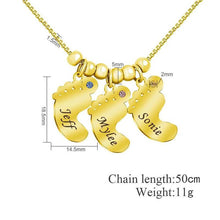 Load image into Gallery viewer, Baby feet necklace pendant size comparison, 18.5mm x 14.5mm