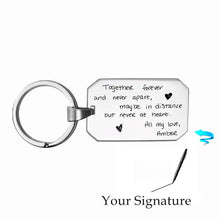 Load image into Gallery viewer, Back of engraved photo keychain showing a personalized message and signature