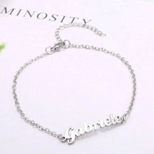 Load image into Gallery viewer, Close-up of laser-cut script nameplate on personalized bracelet