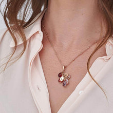 Load image into Gallery viewer, Close-up of teardrop birthstone charms and engraved initials on mom necklace