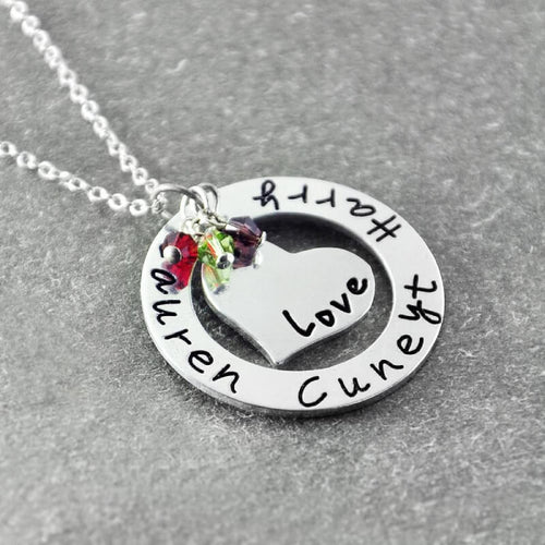 Custom Circle Heart Pendant Necklace With Engraved Names