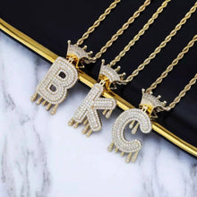 Load image into Gallery viewer, Custom Drip Initial Letter Pendant Necklace With Crown gold color