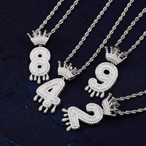 Custom Drip Initial Numbers Pendant Necklace With Crown silver color