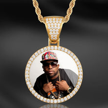 Load image into Gallery viewer, Gold picture chain pendant for men with a clear CZ halo and a man's photo inside, on a rope chain