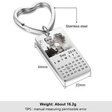 Load image into Gallery viewer, Custom calendar keychain with picture, angled view of the calendar and heart key ring