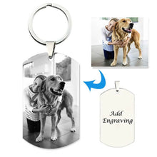 Load image into Gallery viewer, Custom photo keychain showing a family dog photo turned into a black and white picture dog tag with engraved back
