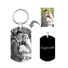 Load image into Gallery viewer, Custom photo keychain turning a wedding photo into a silver-color picture dog tag with an engravable back