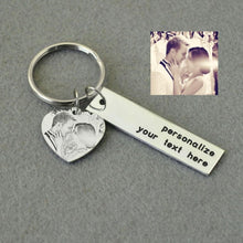Load image into Gallery viewer, Customer photo next to the finished engraved heart photo keychain, showing before and after