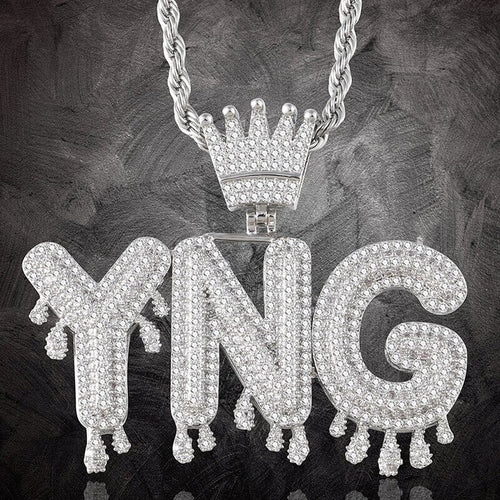 Dripping Letters Iced Out Name Pendant With Crown silver color
