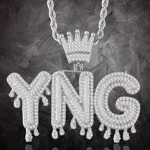 Dripping Letters Iced Out Name Pendant With Crown silver color