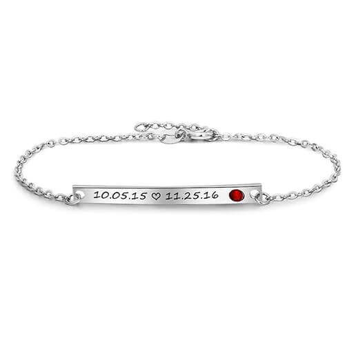 Engraved Bar Bracelet with Personalized Birthstone Silver color