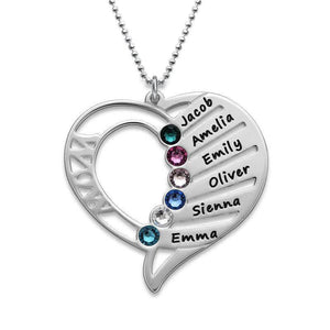 Engraved Birthstone Heart Necklace With Names - Gifts For Mom