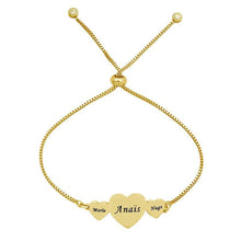 Load image into Gallery viewer, Engraved heart charm bangle for mom showing Marie, Anais and Hugo name engraving