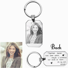 Load image into Gallery viewer, Engraved photo keychain with a woman's photo on the front and a love note engraved on the back