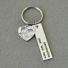 Load image into Gallery viewer, Engraved photo keychain with vertical text bar and heart picture charm on split ring