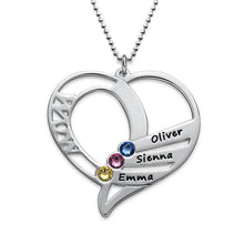 Load image into Gallery viewer, Engraved silver tone heart necklace with three kids names and birthstones