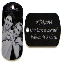Load image into Gallery viewer, Front and back of personalized picture keychain with black and white photo and engraved names and date