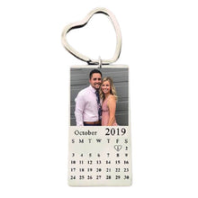 Load image into Gallery viewer, Full color photo calendar keychain, custom picture and date, silver color stainless steel