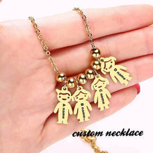 Load image into Gallery viewer, Gold baby feet necklace with engraved names for mom