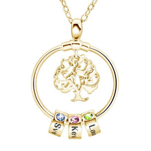 Load image into Gallery viewer, Gold family tree necklace with three engraved name beads and birthstones