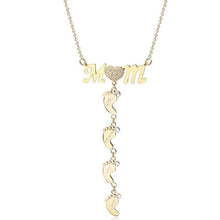 Load image into Gallery viewer, Gold plated MOM necklace with three engraved baby feet charms