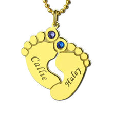 Load image into Gallery viewer, Gold plated baby feet necklace engraved with two children's names and birthstones