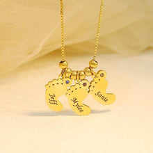 Load image into Gallery viewer, Gold plated baby feet necklace with three engraved children's names and birthstones