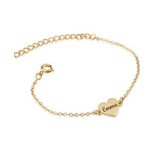 Load image into Gallery viewer, Gold plated family name bracelet with one engraved heart charm reading Emma