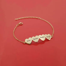 Load image into Gallery viewer, Gold plated heart charm bracelet engraved with four children's names