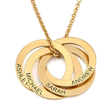Load image into Gallery viewer, Gold plated personalized mom necklace with five interlocking rings engraved Ashley, Michael, Sarah, Andrew