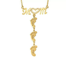 Load image into Gallery viewer, Gold tone MOM necklace with three baby feet charms engraved with children's names