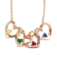 Load image into Gallery viewer, Gold tone heart necklace with four individual name pendants and colored birthstones