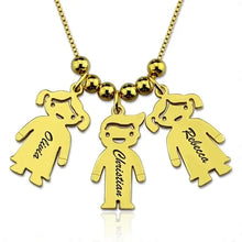 Load image into Gallery viewer, Gold tone mom necklace with three engraved kids name charms