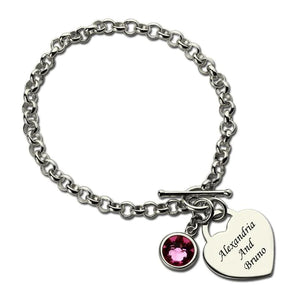 Heart Charm Bracelet with Birthstone & Name With Silver Color