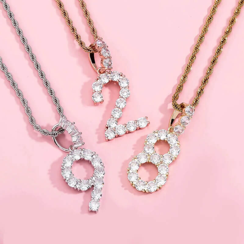 Iced Out Cubic Zirconia Numbers Initial Pendant Necklace rope chain