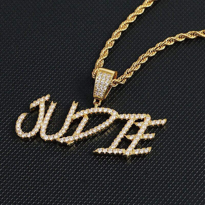 Iced Out Cursive Initial Letter Chain Necklace For women gold color