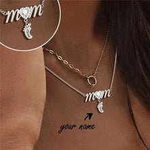 Load image into Gallery viewer, Layered baby feet name necklace styled on model neckline