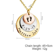 Load image into Gallery viewer, Newborn footprints necklace size chart 25mm 18mm 12mm discs weight 12g