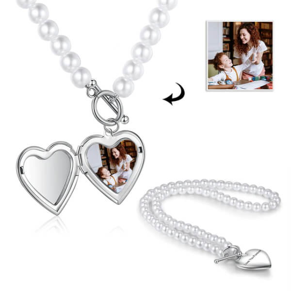 Personalized Engraving Pearl Necklace With Custom Photo Heart
