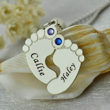 Load image into Gallery viewer, Personalized baby feet birthstone necklace for mom, shown with gift presentation
